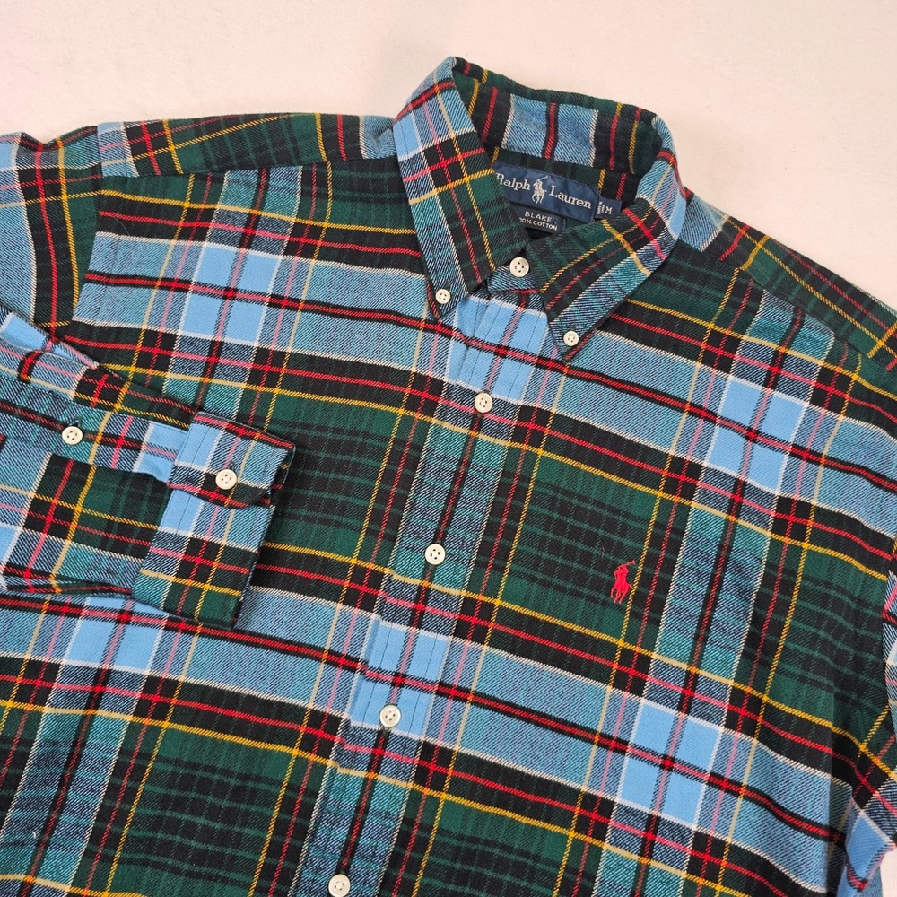 Polo Ralph Lauren Blake Mens M Blue Green Plaid Flannel Button Down Shirt Cotton